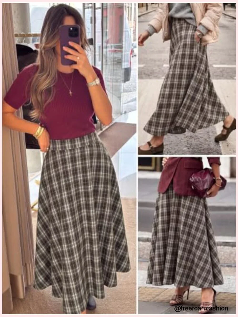 A-Line Plaid Maxi Skirt High Waist with Pockets Fall Spring Office Casual